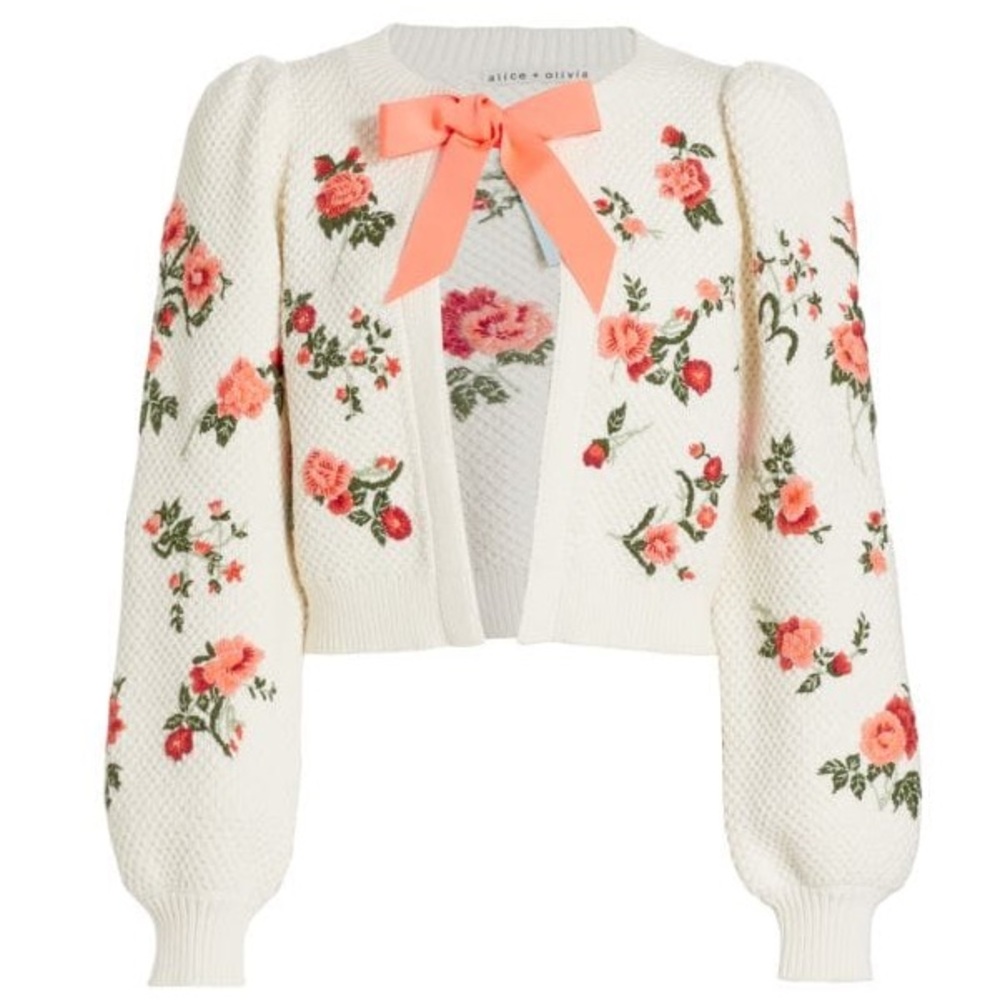 Alice + Olivia Kitty Floral Embroidered Cardigan with Bow - Picture 1 of 6